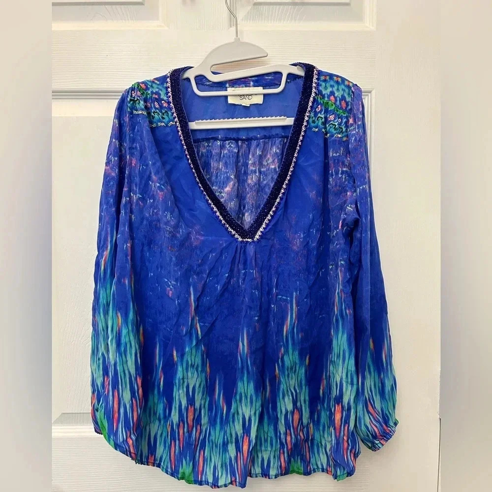 Rococo Sand Blue Embellished Silk Blouse M Long Sleeve Vneck Sequin Beaded Boho
